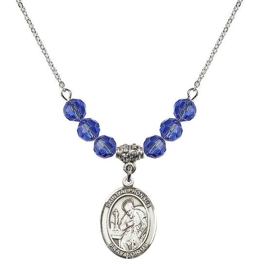 Sterling Silver Saint Alphonsus Birthstone Necklace with Sapphire Beads - 8221