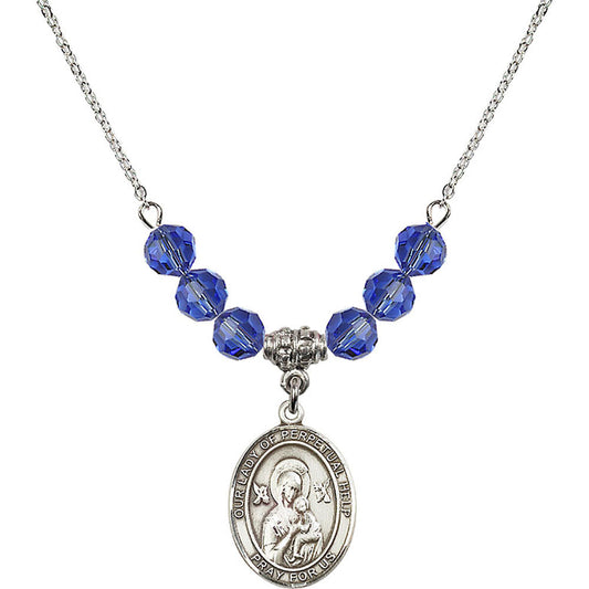 Sterling Silver Our Lady of Perpetual Help Birthstone Necklace with Sapphire Beads - 8222