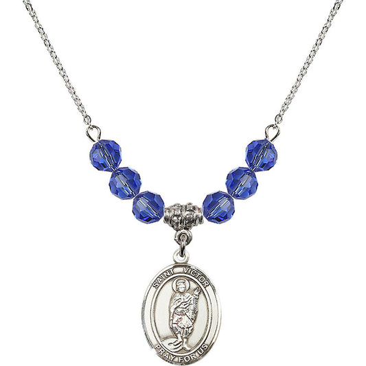 Sterling Silver Saint Victor of Marseilles Birthstone Necklace with Sapphire Beads - 8223