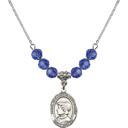 Sterling Silver Saint Elizabeth Ann Seton Birthstone Necklace with Sapphire Beads - 8224