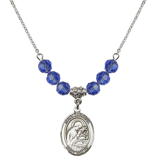 Sterling Silver Saint Aloysius Gonzaga Birthstone Necklace with Sapphire Beads - 8225