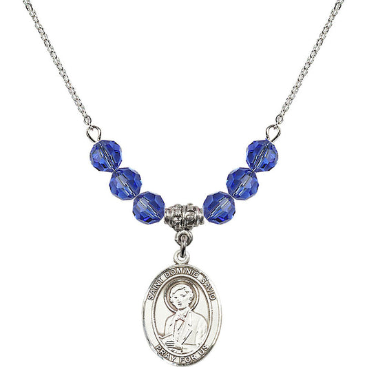 Sterling Silver Saint Dominic Savio Birthstone Necklace with Sapphire Beads - 8227