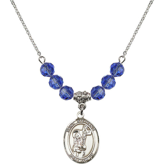 Sterling Silver Saint Stephanie Birthstone Necklace with Sapphire Beads - 8228