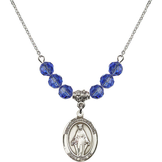 Sterling Silver Our Lady of Lebanon Birthstone Necklace with Sapphire Beads - 8229