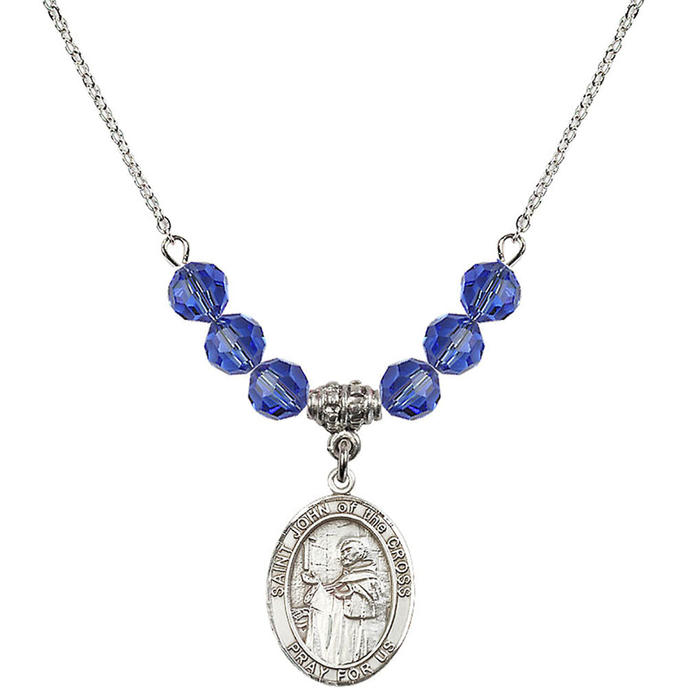 Sterling Silver Saint John of the Cross Birthstone Necklace with Sapphire Beads - 8231