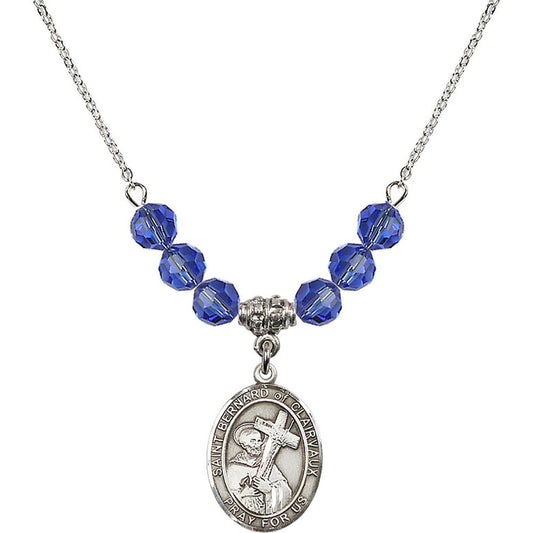 Sterling Silver Saint Bernard of Clairvaux Birthstone Necklace with Sapphire Beads - 8233