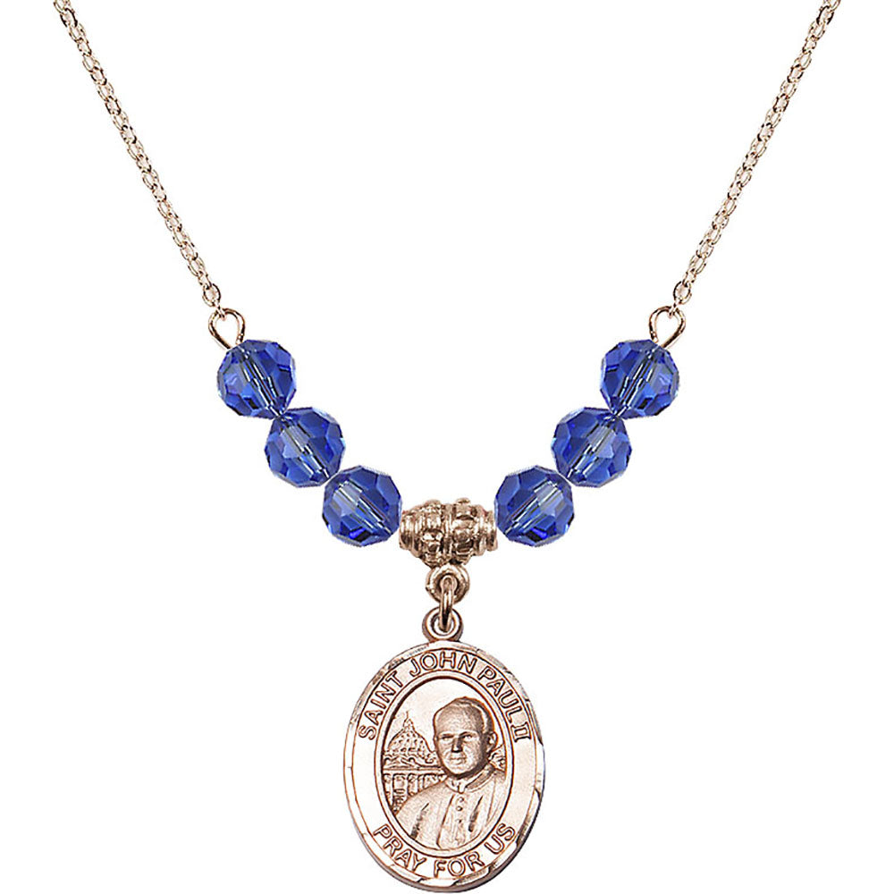14kt Gold Filled Saint John Paul II Birthstone Necklace with Sapphire Beads - 8234