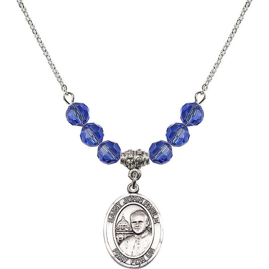 Sterling Silver Saint John Paul II Birthstone Necklace with Sapphire Beads - 8234