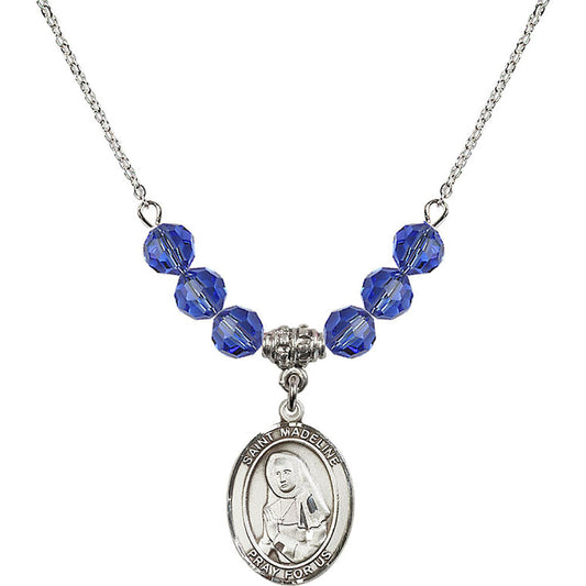 Sterling Silver Saint Madeline Sophie Barat Birthstone Necklace with Sapphire Beads - 8236