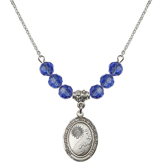 Sterling Silver Footprints / Cross Birthstone Necklace with Sapphire Beads - 8237