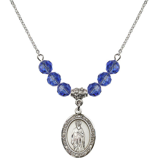 Sterling Silver Saint Bartholomew the Apostle Birthstone Necklace with Sapphire Beads - 8238