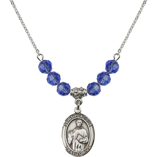 Sterling Silver Saint Placidus Birthstone Necklace with Sapphire Beads - 8240