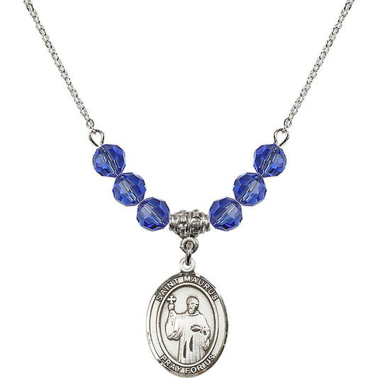 Sterling Silver Saint Maurus Birthstone Necklace with Sapphire Beads - 8241
