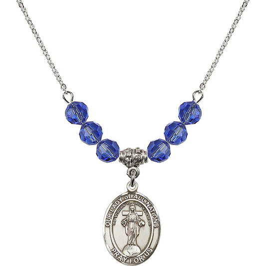 Sterling Silver Our Lady of All Nations Birthstone Necklace with Sapphire Beads - 8242