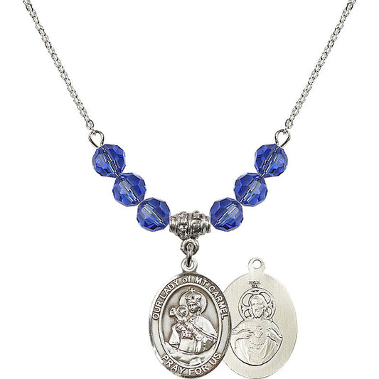 Sterling Silver Our Lady of Mount Carmel Birthstone Necklace with Sapphire Beads - 8243