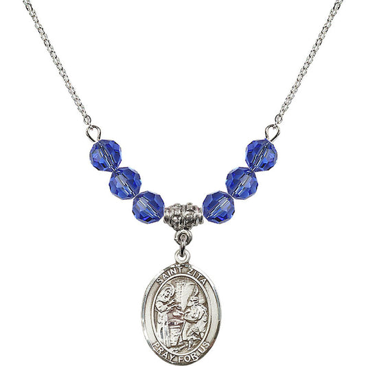 Sterling Silver Saint Zita Birthstone Necklace with Sapphire Beads - 8244