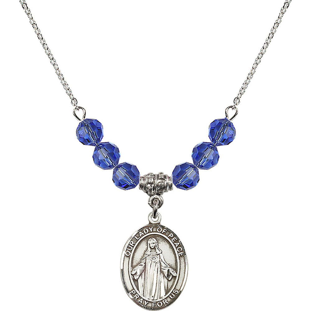 Sterling Silver Our Lady of Peace Birthstone Necklace with Sapphire Beads - 8245