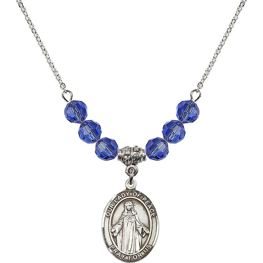 Sterling Silver Our Lady of Peace Birthstone Necklace with Sapphire Beads - 8245