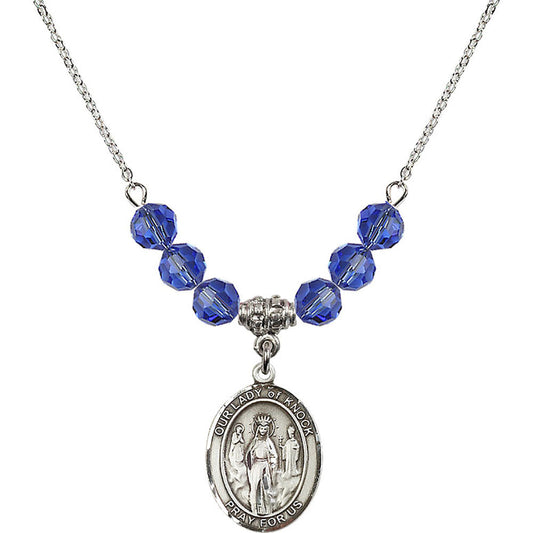 Sterling Silver Our Lady of Knock Birthstone Necklace with Sapphire Beads - 8246
