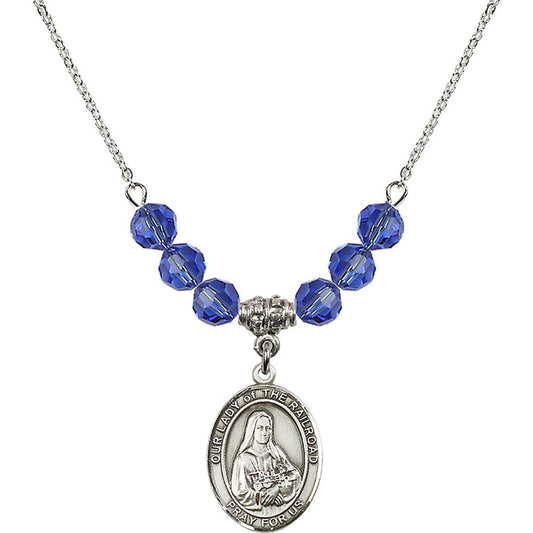 Sterling Silver Our Lady of the Railroad Birthstone Necklace with Sapphire Beads - 8247