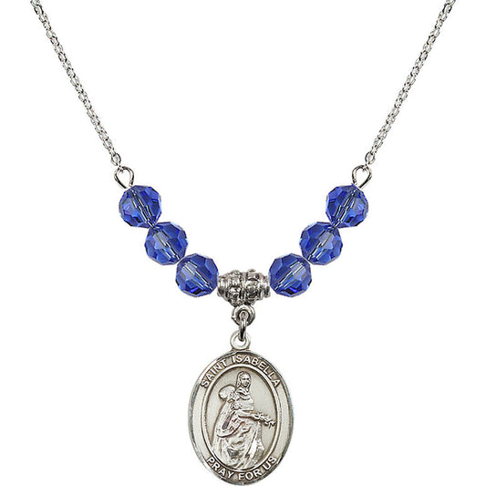 Sterling Silver Saint Isabella of Portugal Birthstone Necklace with Sapphire Beads - 8250
