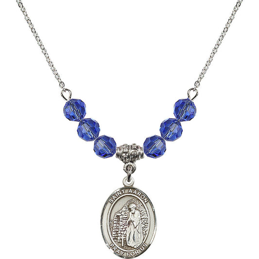 Sterling Silver Saint Aaron Birthstone Necklace with Sapphire Beads - 8254