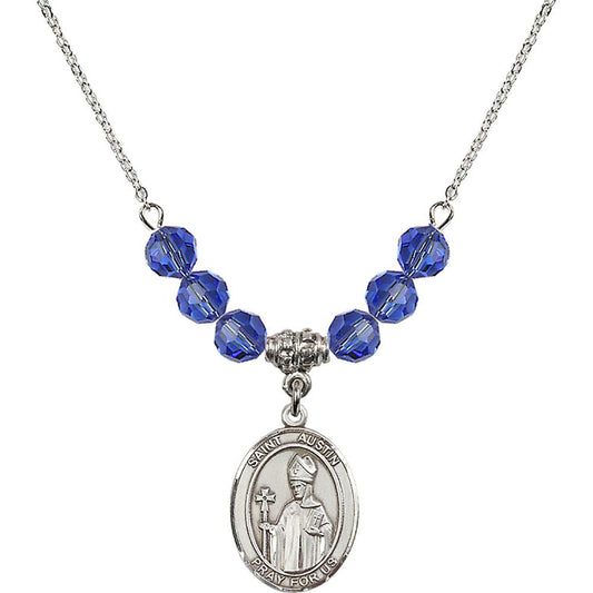 Sterling Silver Saint Austin Birthstone Necklace with Sapphire Beads - 8256