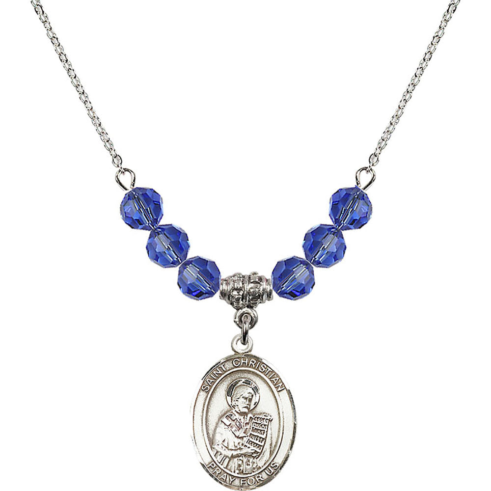 Sterling Silver Saint Christian Demosthenes Birthstone Necklace with Sapphire Beads - 8257