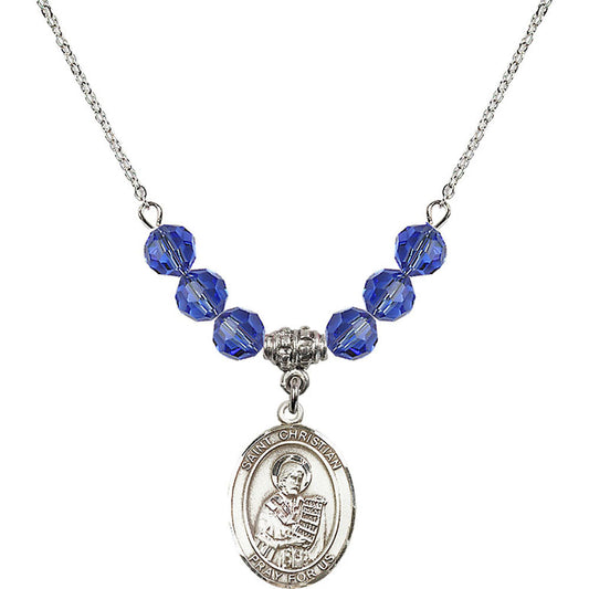 Sterling Silver Saint Christian Demosthenes Birthstone Necklace with Sapphire Beads - 8257