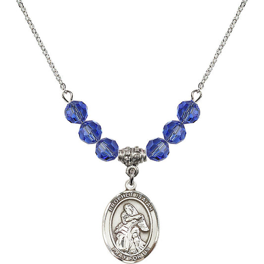 Sterling Silver Saint Isaiah Birthstone Necklace with Sapphire Beads - 8258
