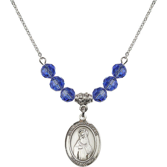 Sterling Silver Saint Hildegard von Bingen Birthstone Necklace with Sapphire Beads - 8260