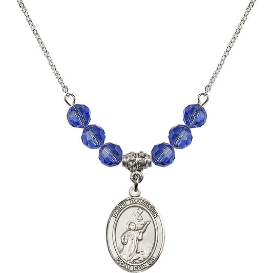 Sterling Silver Saint Tarcisius Birthstone Necklace with Sapphire Beads - 8261