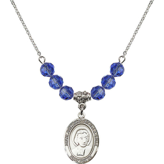 Sterling Silver Saint John Baptist de la Salle Birthstone Necklace with Sapphire Beads - 8262