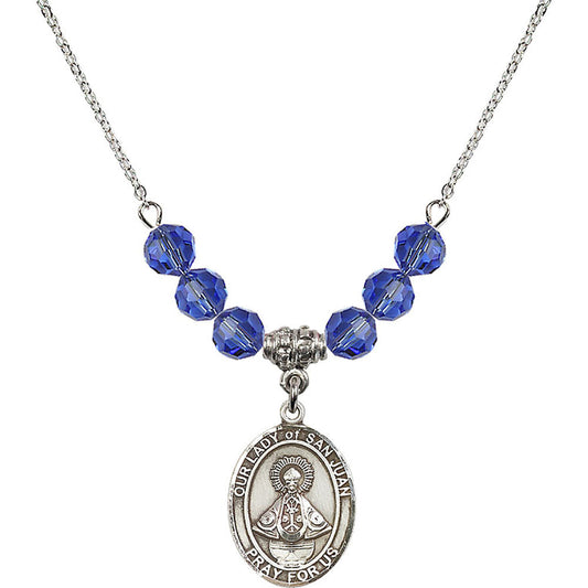 Sterling Silver Our Lady of San Juan Birthstone Necklace with Sapphire Beads - 8263
