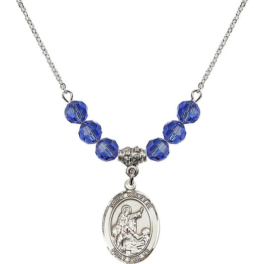 Sterling Silver Saint Colette Birthstone Necklace with Sapphire Beads - 8268