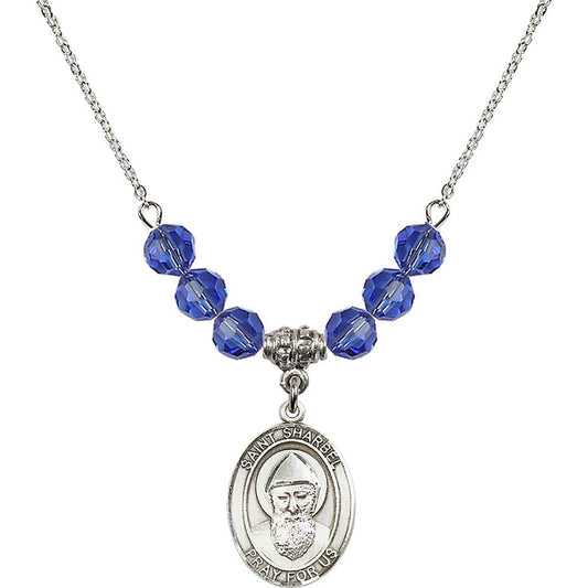Sterling Silver Saint Sharbel Birthstone Necklace with Sapphire Beads - 8271