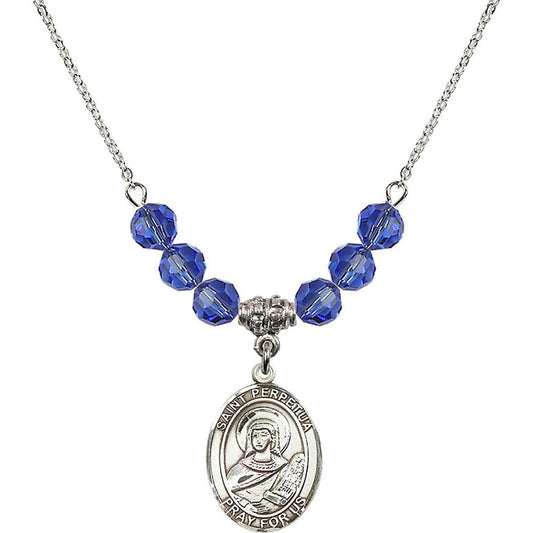 Sterling Silver Saint Perpetua Birthstone Necklace with Sapphire Beads - 8272
