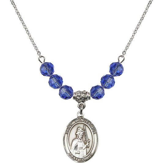Sterling Silver Saint Wenceslaus Birthstone Necklace with Sapphire Beads - 8273