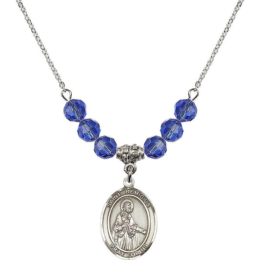 Sterling Silver Saint Remigius of Reims Birthstone Necklace with Sapphire Beads - 8274