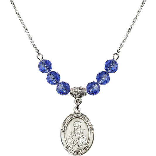 Sterling Silver Saint Basil the Great Birthstone Necklace with Sapphire Beads - 8275