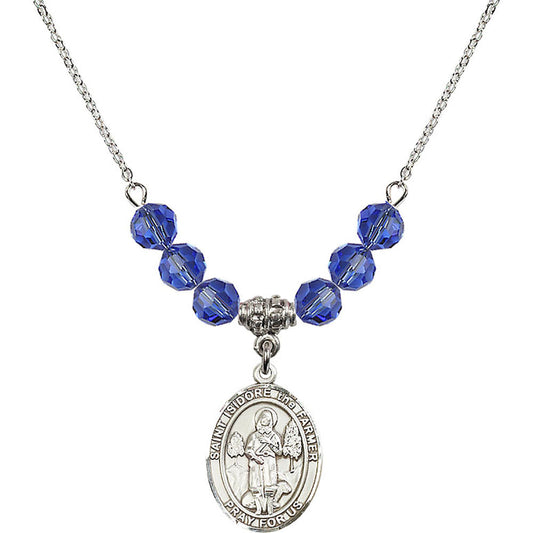 Sterling Silver Saint Isidore the Farmer Birthstone Necklace with Sapphire Beads - 8276