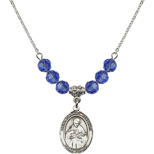 Sterling Silver Saint Gabriel Possenti Birthstone Necklace with Sapphire Beads - 8279