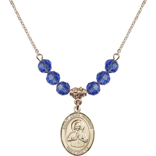 14kt Gold Filled Saint John Vianney Birthstone Necklace with Sapphire Beads - 8282