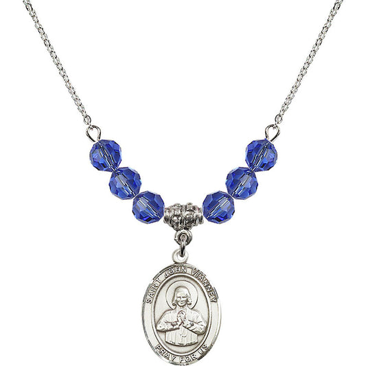 Sterling Silver Saint John Vianney Birthstone Necklace with Sapphire Beads - 8282