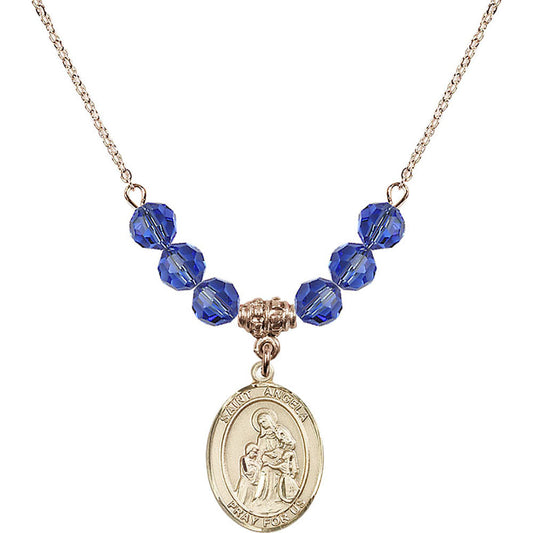 14kt Gold Filled Saint Angela Merici Birthstone Necklace with Sapphire Beads - 8284
