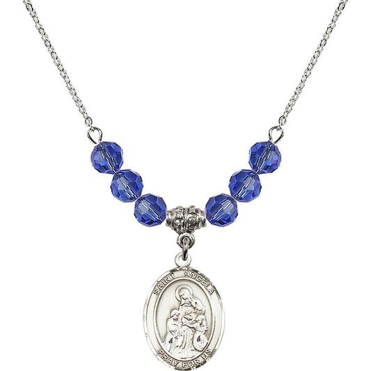 Sterling Silver Saint Angela Merici Birthstone Necklace with Sapphire Beads - 8284