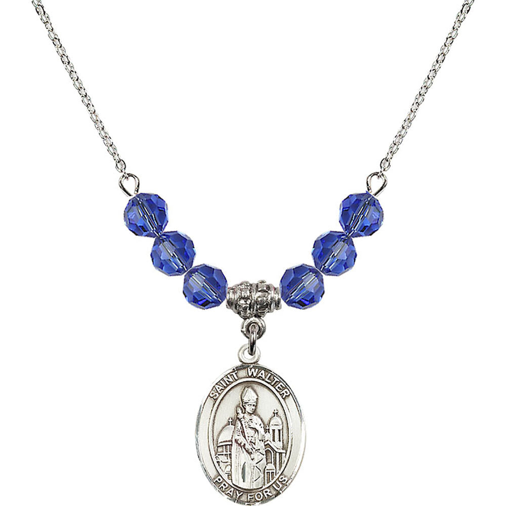 Sterling Silver Saint Walter of Pontoise Birthstone Necklace with Sapphire Beads - 8285