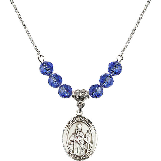 Sterling Silver Saint Walter of Pontoise Birthstone Necklace with Sapphire Beads - 8285