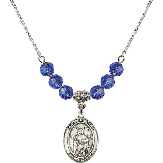 Sterling Silver Saint Deborah Birthstone Necklace with Sapphire Beads - 8286