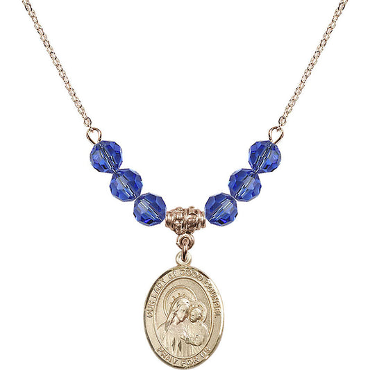 14kt Gold Filled Our Lady of Good Counsel Birthstone Necklace with Sapphire Beads - 8287